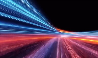 High-speed light trail animation with red and blue light motion trails conveys a sense of fast movement and modern technology. 4k Dynamic and futuristic high quality hyperspace footage. - Powered by Adobe