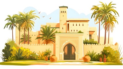 Moroccan architecture. Old architecture in spanish style. Watercolor illustration of a mediterranean building with palms and tower.