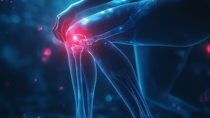 medical x-ray scan of knee anatomy showing broken tendon and arthritis pain in leg joint with red inflammation area