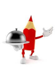 Naklejka premium Colored pencil character holding catering dome