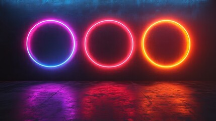 Neon circles on dark wall, colorful glowing lights. Modern digital art concept