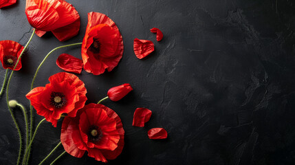 A vibrant display of red poppy flowers with scattered petals against a dark backdrop for a thoughtful remembrance message
