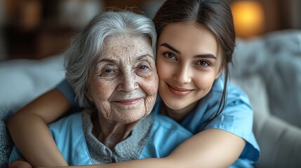 elderly senior woman with gray hair smiling, receiving post surgery care and assistance from a young medical nurse