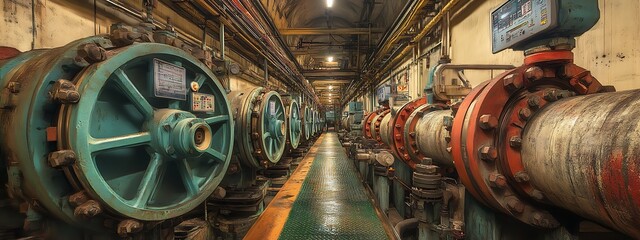 Fototapeta premium A detailed view of the central pumping station that supplies water to various factory sections. The large pumps are connected to wide pipes with pressure gauges and digital meters.