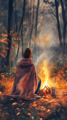 Fototapeta premium Person sitting by campfire in autumn forest watercolor scene