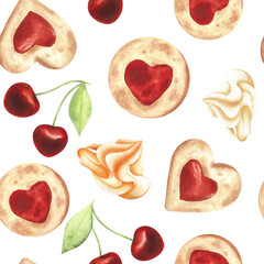Valentine's Day red jam heart cookies, cherries and vanilla marshmallows. Seamless pattern on white background painted with watercolor. For design, textile, wallpaper, fabric, packaging, scrapbooking