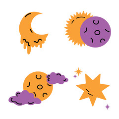 Cute hand drawn doodle moon, eclipse, sun, clouds and stars. Vector illustration.
