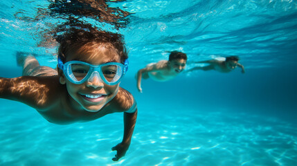 Young divers practice swimming skills in a clear pool under bright sunlight during a warm afternoon