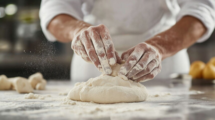 Baker kneading dough on a floured surface in a rustic kitchen preparing for fresh bread making