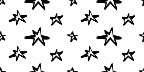 Seamless pattern with ink textured doodle stars. Crayon pencil brush. School grunge vector design.