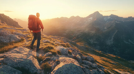 Fototapeta premium Hiker enjoying the stunning sunrise view over rocky mountains during an early morning adventure in nature
