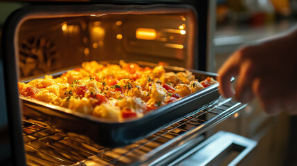 Checking on a savory baked dish in the oven during a cozy evening at home while preparing dinner for family