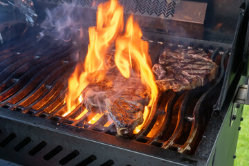 Three steaks cooking on a barbque