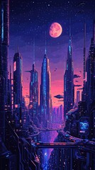 Fototapeta premium An isometric illustration of a sprawling futuristic city skyline at night.