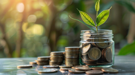 Growing funds: A jar of coins with a sprouting plant symbolizes financial growth and sustainability in fundraising efforts