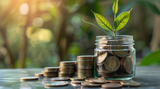 Growing funds: A jar of coins with a sprouting plant symbolizes financial growth and sustainability in fundraising efforts