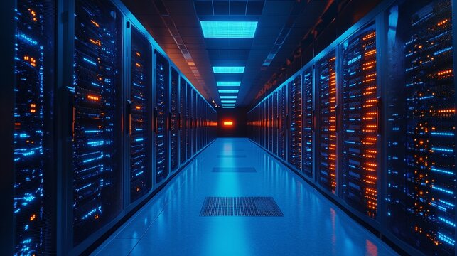 data center storage in blue and orange colors, representing cloud database, cybersecurity hosting, and support infrastructure for digital technology