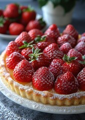 Tarte aux Fraises A beautiful Tarte aux Fraises with fresh strawberries arranged on a pastry crust, topped with a shiny glaze.