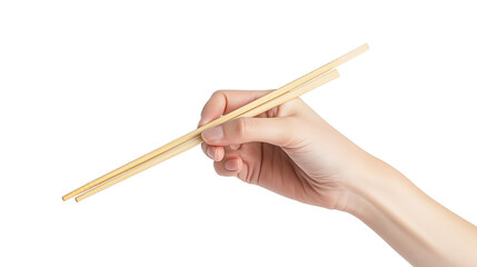 Naklejka premium A hand holding wooden chopsticks isolated on transparent or white background