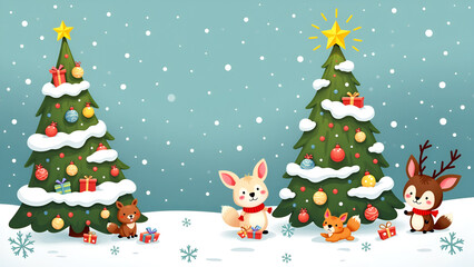 Playful animals celebrating Christmas with decorated trees and gifts in a snowy winter landscape