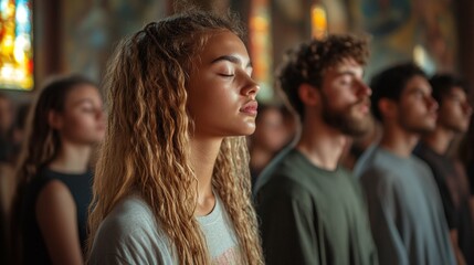 Obraz premium group of young diverse men and women with eyes closed, standing in church and praying together, deep faith and worship