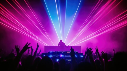DJ Performing on Stage at Music Festival with Lights