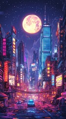 Obraz premium An isometric illustration of a sprawling futuristic city skyline at night.