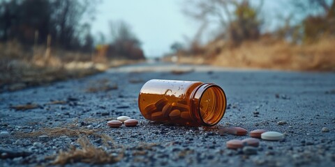 An abandoned bottle of prescription medication lying in the middle of a road, symbolizing substance abuse and the dangers of unmanaged drug use.