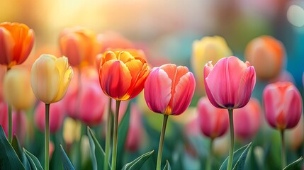 Colorful tulip flower field in spring time. Colorful tulips blooming in the garden