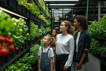 Fototapeta premium A young family exploring the wonders of urban agriculture in a modern vertical farm filled with vibrant greens and fresh produce