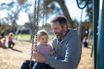 Obraz premium A joyful afternoon at the playground with a father and his daughter enjoying swings and laughter under the warm sun