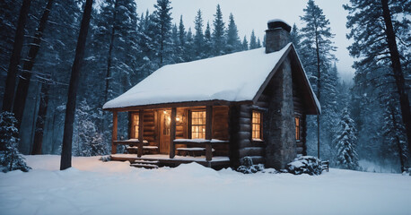 A cozy cabin nestled in a forest during a heavy snowfall, surrounded by snow-covered trees and a smoking chimney, while snow blankets the entire area.