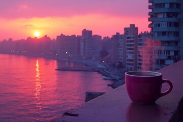 A tranquil morning coffee overlooking the vibrant sunrise on the waterfront, illuminating the skyline and creating a perfect start to the day