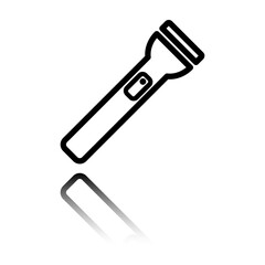 Flashlight simple icon vector. Flat design. Black icon with mirror reflection. White background