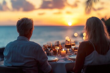 Couples enjoying a romantic sunset dinner at a beachfront restaurant during their getaway in a tropical paradise