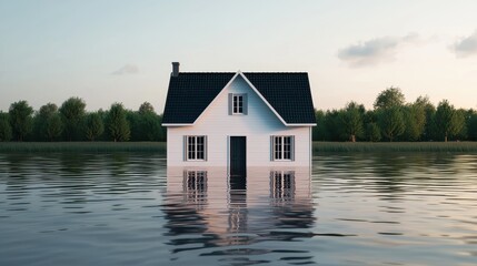 Floodwaters rising around a rural home, fields underwater, 3D illustration