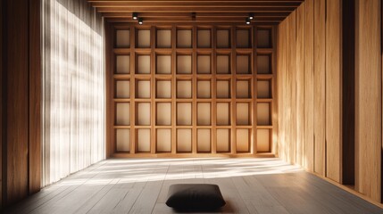 Minimalist wooden room with a single cushion in the center and a large wall with square niches.