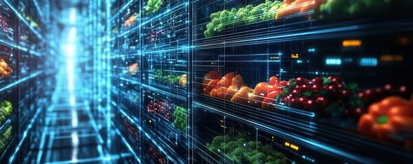 A futuristic display of colorful fruits and vegetables in a digital supermarket, showcasing modern food storage technology.