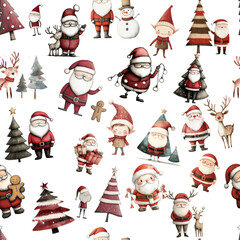 Fototapeta premium Seamless christmass background illustration with santa, elf, reindeer, snowman, gift, tree