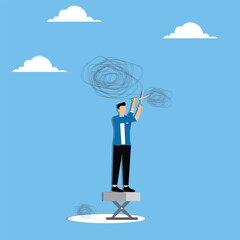 Problem prioritization, focusing on core problem, cutting out unimportant matters to relieve stress concept, Businessman cutting small messy lines out of biggest one above his head