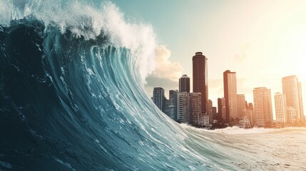 Tsunami wave crashing into a coastal city, buildings submerged, 3D illustration