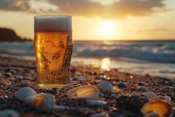 A refreshing glass of beer sits on a sandy beach. The sun sets in the background, casting a warm glow over the scene. Perfect for relaxation and summer vibes. Generative AI