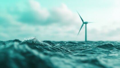 Ocean waves powering a turbine, wave energy generation, 3D illustration