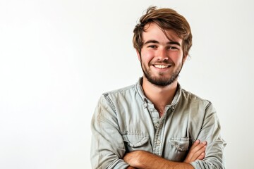 Obraz premium Smiling young adult male with arms crossed, isolated against a white setting , background blur