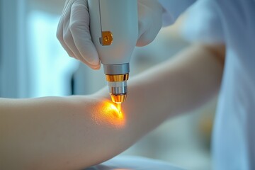 Detailed view of a patient arm undergoing laser hair removal, highlighting the procedure with a clear focus on the treatment area