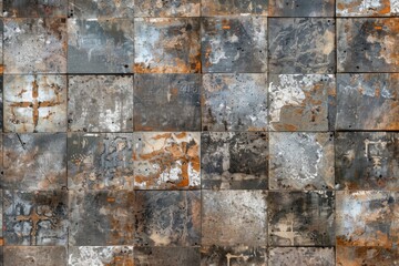 Old Brown Gray Rusty Vintage Worn Geometric Shabby Mosaic Ornate Patchwork Motif Porcelain Stoneware Tiles Stone Concrete Cement Wall Texture Background Banner Panorama