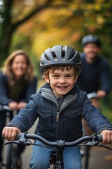 Obraz premium A happy little boy smiles as he rides his bike with his family, with trees showing autumn colors in the background.