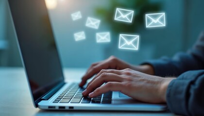 Hands Typing on Laptop with Email Icons - Concept of Electronic Communication
