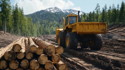 Sustainable logging operation, replanting trees after harvest, 3D illustration