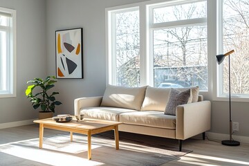 Fototapeta premium A mid-century modern interior photo of a living room with art-framed walls and a sofa and table. Generative AI 